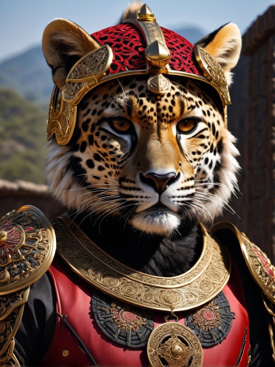 RAW photos,Lifelike photos of anthropomorphic creatures,Complex Ultra Detailed(Full body image)A ferocious cheetah warrior,Wearing a complete set(Carcass Armor)and a(Beautifully decorated large(Spade Helmet)Samurai helmet),(Beautiful embroidery),Shiny armor plates,Detailed different textures,((Specular Highlights)),(Subsurface scattering),((150 mm)),Volumetric Light,HDR,((Extremely complex)),(Intricate details),grace,Beautiful background,Octane Rendering,8K,Best quality,masterpiece,Extremely delicate and beautiful,Extremely detailed,(lifelike,照片般lifelike:1.5),amazing,Fine details,masterpiece,Best quality,Official Art,Extremely detailed的8K壁纸,(great composition),Exotic decoration,HDR,High contrast,Big head inside helmet,Red black gold,Soft edge light,(Exposure Blending),Cute paws,The katana is tied around the waist,majesty,victory,mighty