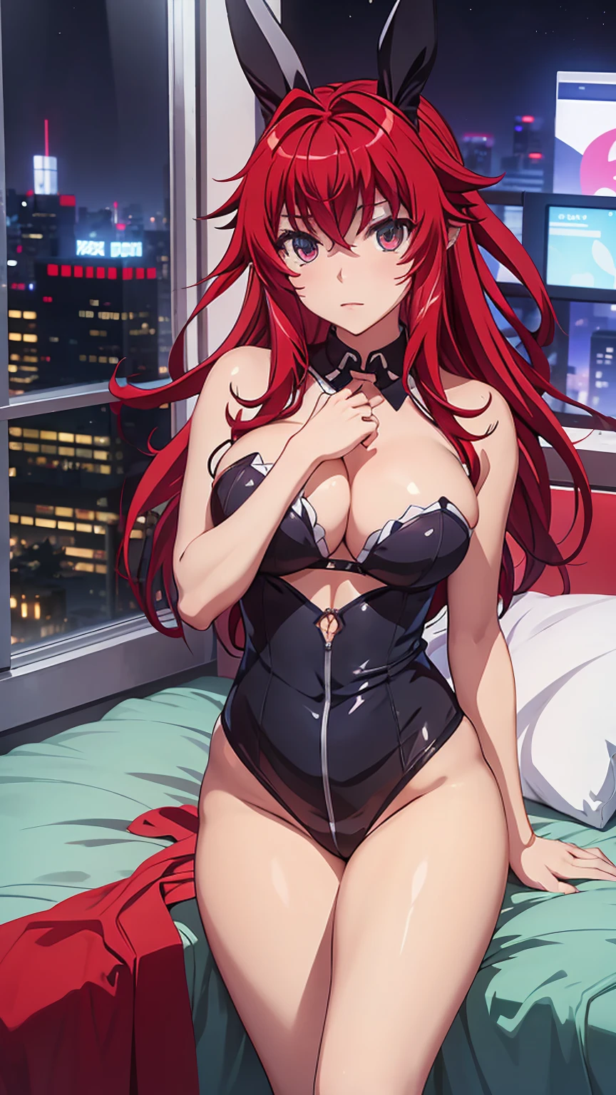 draw rias gremory from DXD wear bunny girl suit and in bedroom with windows show the night city background