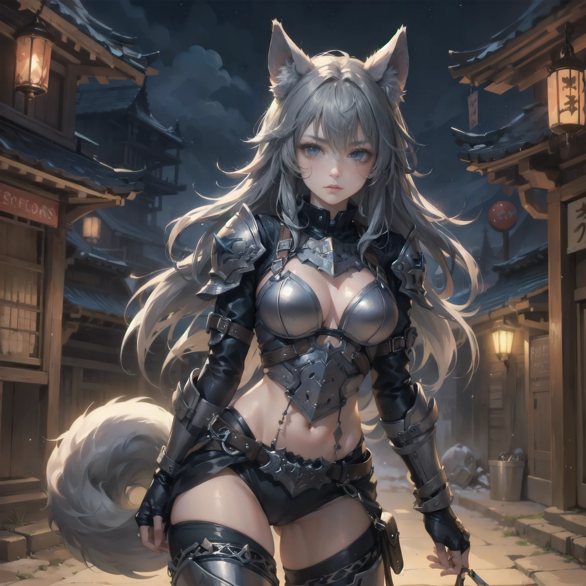 A fantasy Wasteland battles hand-in-hand through a wasteland full of pitfalls. The camera zooms in on the girl, capturing her determination. The cool girl, with wolf ears,wolf tail,  wears thin leather armor and dark cloak. As the zoom progresses, the focus shifts to her hands, highlighting the worn and weathered textures that symbolize her journey and the hardships she has endured. This message is realized in a mixed-media sculptural style, combining elements of metalwork and textile art to represent the characters and their resilience in three-dimensional form.