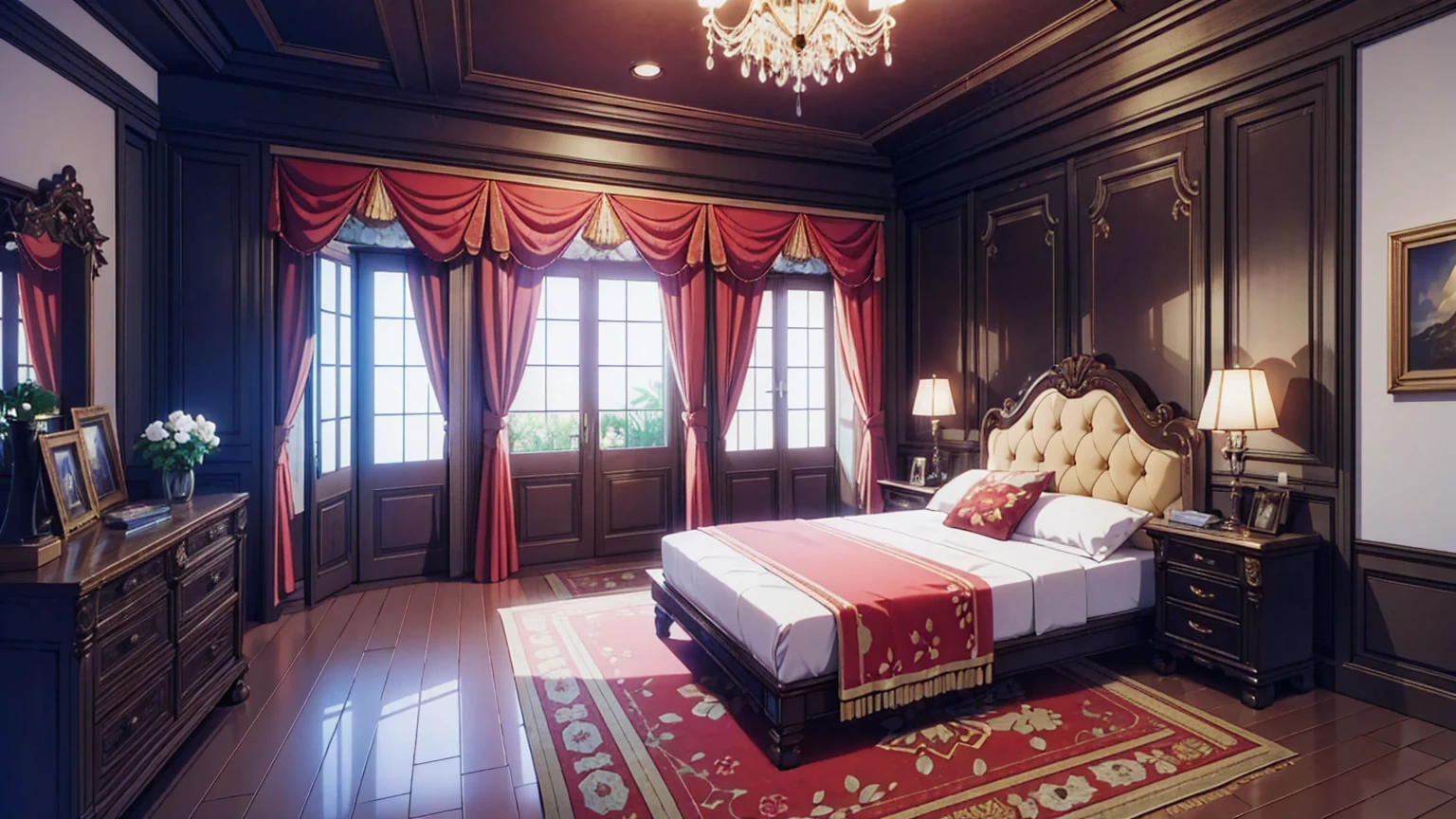 Bedroom in an aristocratic mansion,masterpiece,game CG,アニメ,Unmanned, No human,background,,,Wooden, indoor, house, bedroom,Night, bed, closet, painting