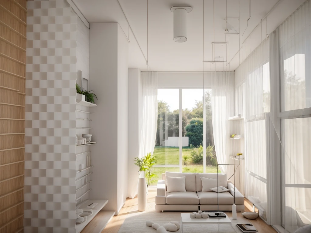 rendering kitchen room,minimalist architecture,couch, table, carpet, tv shelf, sofa, window, curtains,((laminated plaster,) ), sunset light)), archdaily architecture, (high detail: 1.2), 8k uhd, dslr, soft light, high quality, film grain, Fujifilm XT3