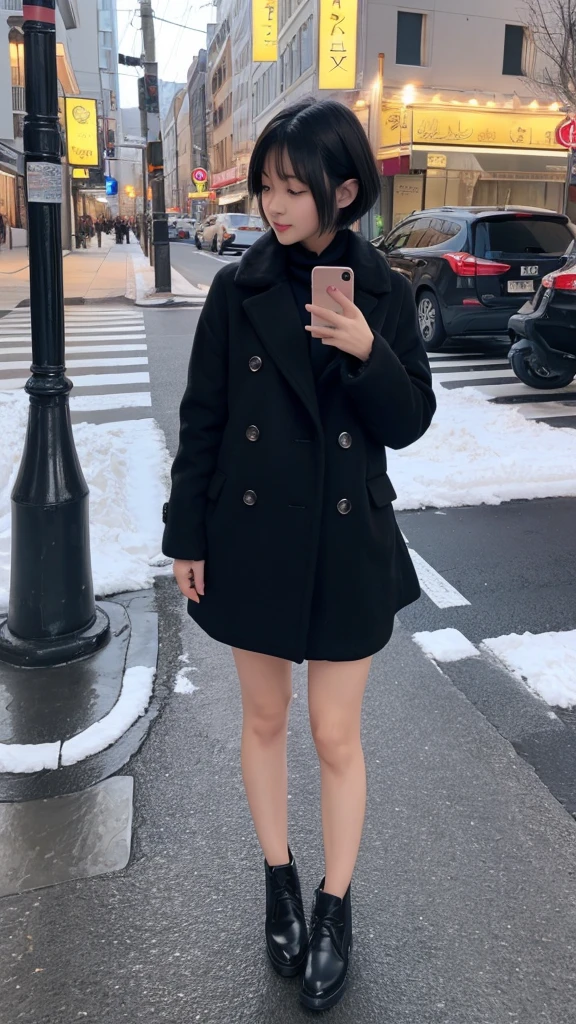 Winter clothes、Date Clothes、girl、One person、Short Hair、Black Hair、Are standing、((whole body))、Check your phone with one hand