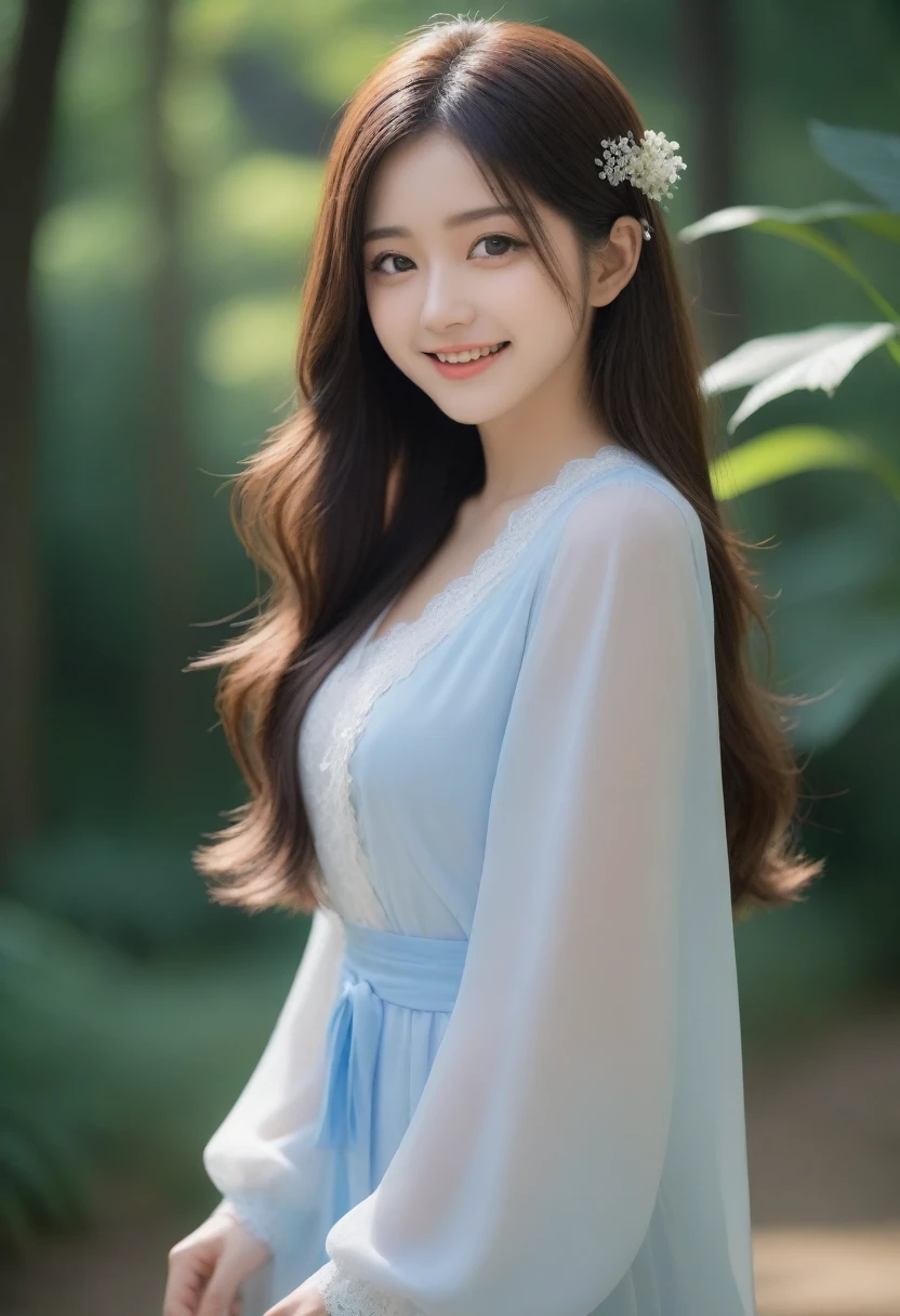 8K, Ultra-high resolution, Highest quality, masterpiece, 三分割法によるphotograph,Surreal, photograph, 1 girl, (16 years old:1.3), pretty girl, Cute face, Beautiful eyes in every detail, 細かくdetailedに,masterpiece,, One Girl:1.2, Japan Female Announcer,whole body,Young Wife,Girl with her back to the camera, Blue atmosphere dusk, Field, forest、Full of cleanliness,A carefree smile,Healing the heart,Semi-long layered hair,Looking at the audience、beauty,Long neck、Laugh a little、Please close your mouth and laugh、(((Ideal body type))),A-cup small breasts :2,、Portraiture:2、Perfect Anatomy、鮮明なdetailed、detailed、Surreal、Light and shadow,Strong light