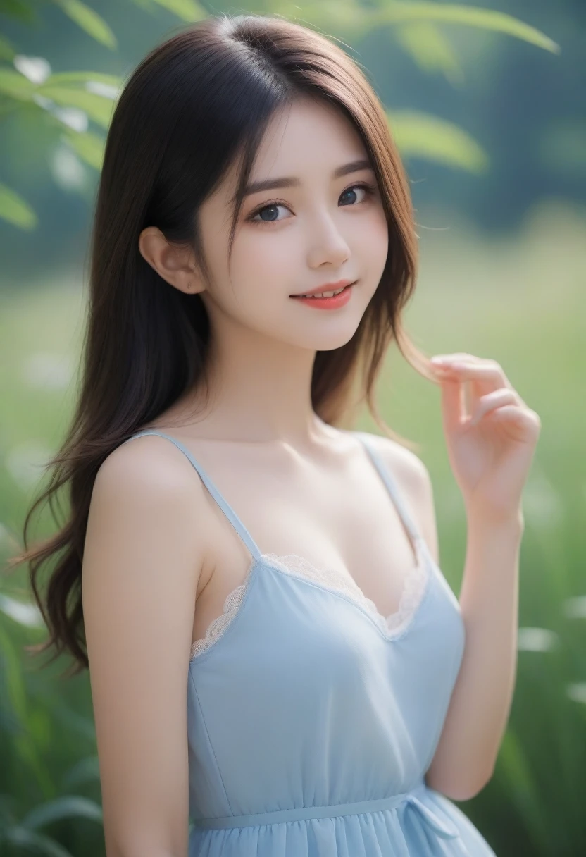 8K, Ultra-high resolution, Highest quality, masterpiece, 三分割法によるphotograph,Surreal, photograph, 1 girl, (16 years old:1.3), pretty girl, Cute face, Beautiful eyes in every detail, 細かくdetailedに,masterpiece,, One Girl:1.2, Japan Female Announcer,whole body,Young Wife,Girl with her back to the camera, Blue atmosphere dusk, Field, forest、Full of cleanliness,A carefree smile,Healing the heart,Semi-long layered hair,Looking at the audience、beauty,Long neck、Laugh a little、Please close your mouth and laugh、(((Ideal body type))),A-cup small breasts :2,、Portraiture:2、Perfect Anatomy、鮮明なdetailed、detailed、Surreal、Light and shadow,Strong light