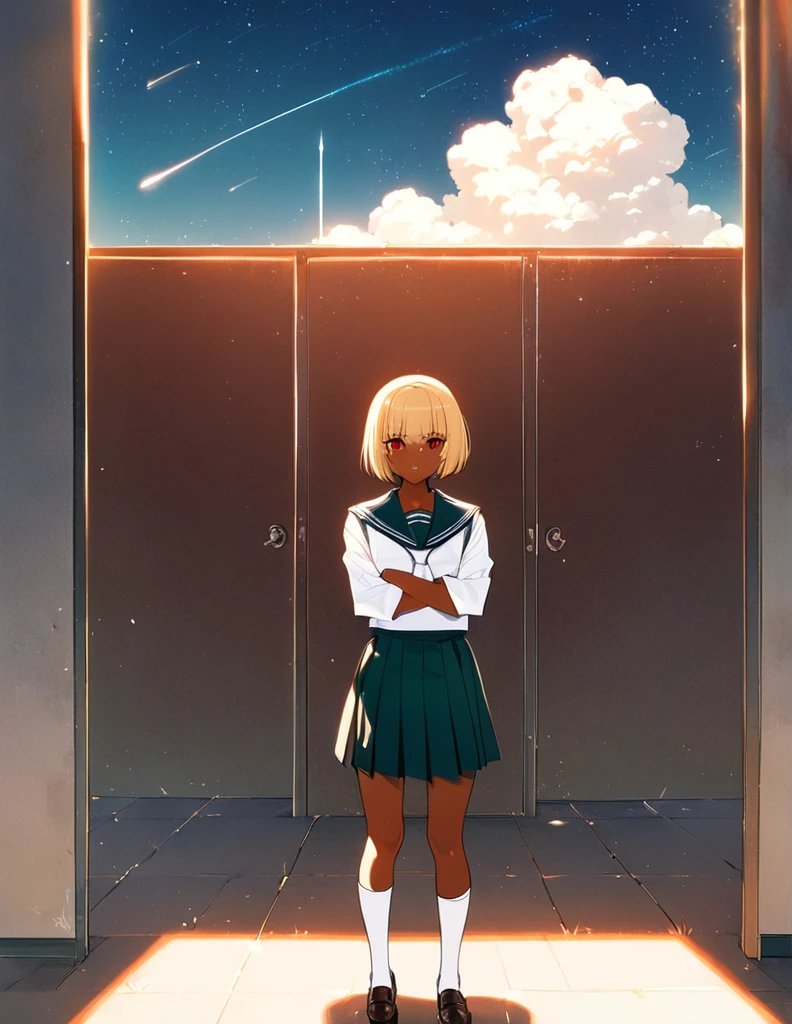 ((masterpiece, Highest quality)), High resolution, 8K, Cinematic Light, High Contrast, Depth of written boundary, A 17-year-old Japanese girl, Catholic high school student, Blonde bob cut, beautiful red eyes, neatly aligned bangs, tanned chocolate skin, black gal style, traditional dark green sailor uniform, white tie, white sailor collar, white socks, loafers, full body, standing with a confident expression, arms crossed, perfect lighting,
A blue sky, a summer cumulonimbus, a single shooting star, an insolent face, standing with his legs apart shoulder-width apart