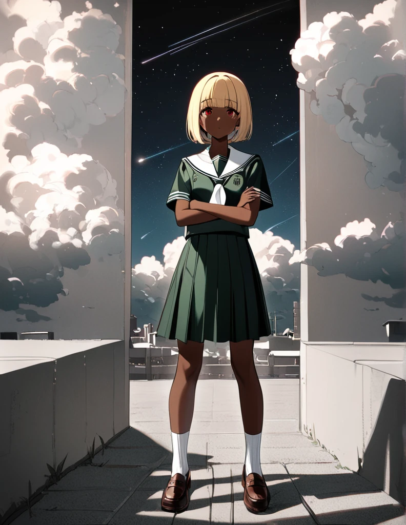 ((masterpiece, Highest quality)), High resolution, 8K, Cinematic Light, High Contrast, Depth of written boundary, A 17-year-old Japanese girl, Catholic high school student, Blonde bob cut, beautiful red eyes, neatly aligned bangs, tanned chocolate skin, black gal style, traditional dark green sailor uniform, white tie, white sailor collar, white socks, loafers, full body, standing with a confident expression, arms crossed, perfect lighting, 

A blue sky, a summer cumulonimbus, a single shooting star, an insolent face, standing with his legs apart shoulder-width apart