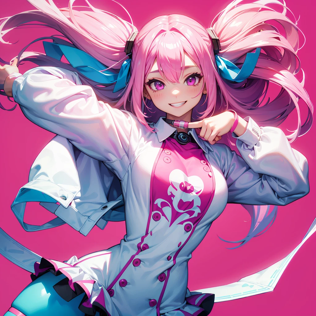 1girl、Dynamic composition、((Perspective Lens, A woman with long white and pink hair, Dynamic pose with a cute smiling face, He is holding a syringe bigger than himself towards the viewer.)) ((Pure Magenta Background:1.2)),Looks like she&#39;s in her early 20s,Shooting in mid-motion,With her long braided hair fluttering. Her outfit is a nurse&#39;s uniform,cleavage surgical nurse,  nurse cap, 、Black and deep pink color palette,And she&#39;s casually throwing money around,Be playful.,Super huge、detailed、Draw a big injection in the center of the screen、He is leaning his head out from the injection.、