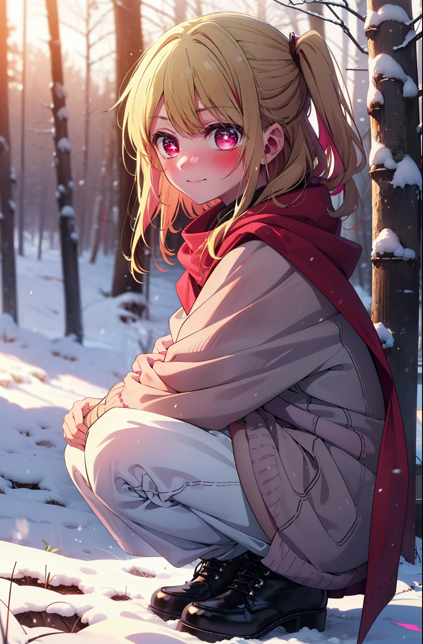 rubyhoshino, Hoshino Ruby, Long Hair, bangs, Blonde, (Pink Eyes:1.3), Side Lock, (Symbol-shaped pupil:1.5), Multicolored Hair, Two-tone hair, smile,,smile,blush,White Breath,
Open your mouth,snow,Ground bonfire, Outdoor, boots, snowing, From the side, wood, suitcase, Cape, Blurred, , forest, White handbag, nature,  Squat, Mouth closed, Cape, winter, Written boundary depth, Black shoes, red Cape break looking at viewer, Upper Body, whole body, break Outdoor, forest, nature, break (masterpiece:1.2), Highest quality, High resolution, unity 8k wallpaper, (shape:0.8), (Beautiful and beautiful eyes:1.6), Highly detailed face, Perfect lighting, Highly detailed CG, (Perfect hands, Perfect Anatomy),