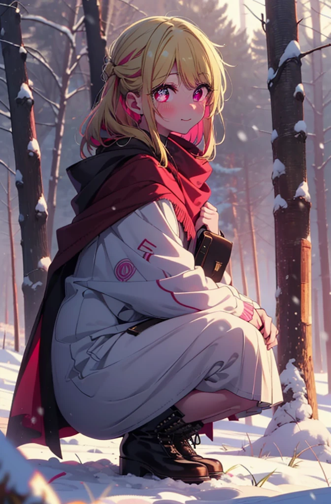 rubyhoshino, Hoshino Ruby, Long Hair, bangs, Blonde, (Pink Eyes:1.3), Side Lock, (Symbol-shaped pupil:1.5), Multicolored Hair, Two-tone hair, smile,,smile,blush,White Breath,
Open your mouth,snow,Ground bonfire, Outdoor, boots, snowing, From the side, wood, suitcase, Cape, Blurred, , forest, White handbag, nature, Squat, Mouth closed, Cape, winter, Written boundary depth, Black shoes, red Cape break looking at viewer, Upper Body, whole body, break Outdoor, forest, nature, break (masterpiece:1.2), Highest quality, High resolution, unity 8k wallpaper, (shape:0.8), (Beautiful and beautiful eyes:1.6), Highly detailed face, Perfect lighting, Highly detailed CG, (Perfect hands, Perfect Anatomy),