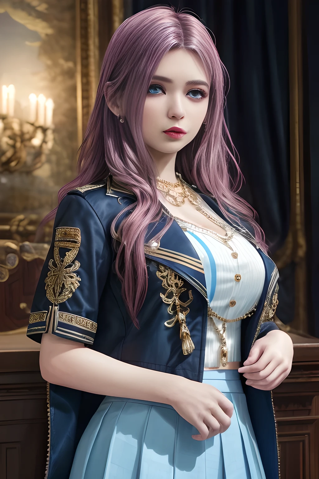 1girl,The upper body is a dark blue short-sleeved suit jacket, paired with a white shirt and a black tie. The jacket is decorated with white stripes, which adds a sense of fashion and layering. The lower body is a dark blue skirt that matches the jacket, ,beautiful detailed eyes, beautiful detailed lips, extremely detailed eyes and face, long eyelashes, best quality, 4k, 8k, highres, masterpiece, ultra-detailed, realistic, photorealistic, photo-realistic, ethereal glow, regal elegance, intricate details, luxurious, otherworldly beauty, dark atmospheric background, supernatural aura, elise,