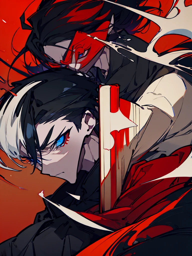 a close up of a person with a sword and a guy with a red dress, handsome guy in demon slayer art, best anime character design, detailed anime character art, anime character; full body art, anime character design a death god, character adoptable, handsome japanese demon boy, bloody + concept art, official character art, onmyoji detailed art, beautiful male god of death a close up of a person in a black dress with a gold belt, flowing white robes, white haired deity, genshin impact character, golden-black robes, picture of a male samurai and death god, d&d dark sun character art, official character art, portrait of ororo munroe, holding a katana, holding a katana, holding a katana, holding a katana, holding a katana, bloody, bloody, bloody, bloody, red and golden effects, red and golden effects, red effects, golden effects,black hair, black hair, black hair, black hair, black hair, golden effects, golden effects, BLUE eyes, BLUE eyes, BLUE eyes, BLUE eyes, badass, badass, badass, ALL Black hair, Full black hair, Full black hair