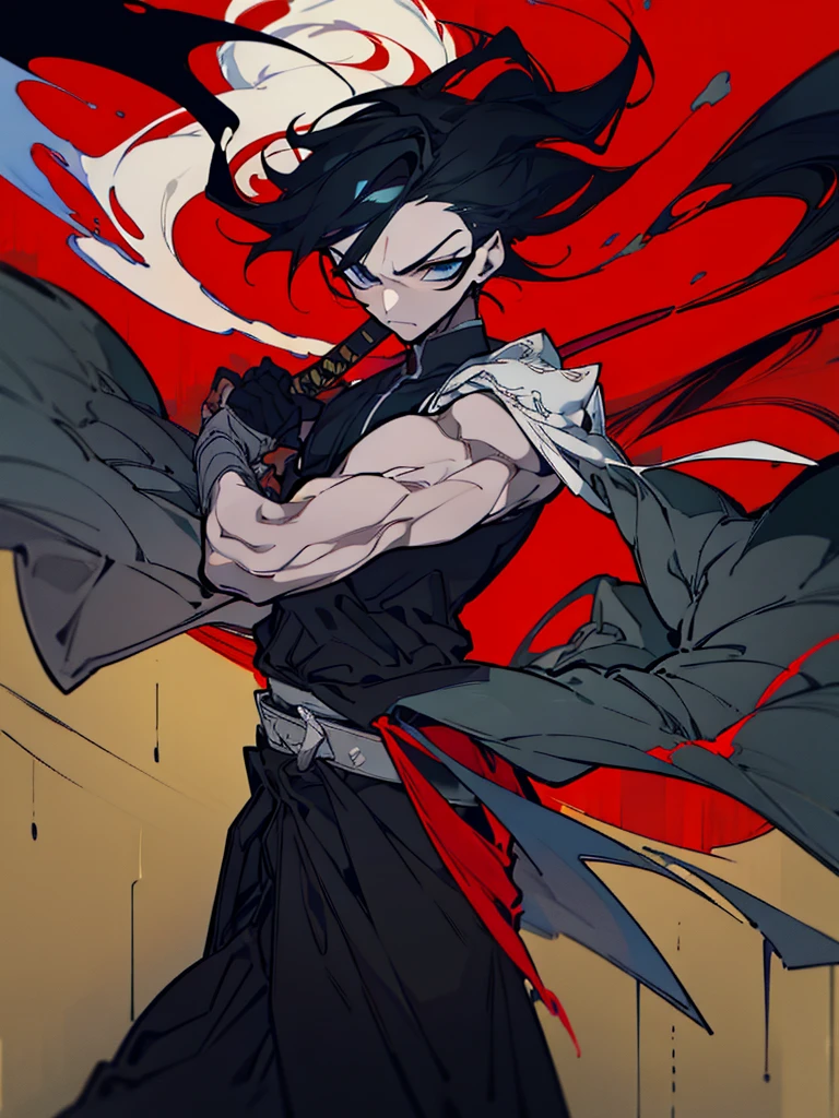 Masterpiece Quality, Perfect Generation, Sclera, Detailed Eyes, , Red And Black Long Spiky Hair, Muscular, Black Haori, Bored Expression, , Full Body, Demon Slayer, Temple Background, Standing, Facing Viewer, Male