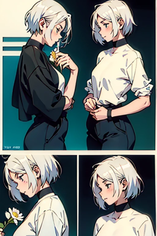 Girl with short white hair small and really skinny,  smelling flowers, manga page with panels and dialogue  
