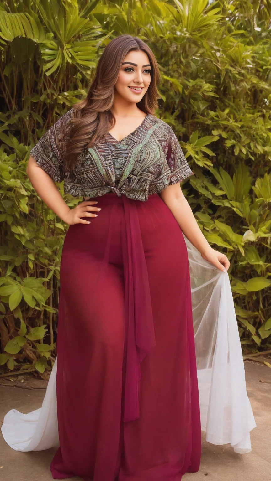 Day scene, A radiant, full-figured South Indian 35 year old aunty a gray colour chiffon mini skirt and black chiffon shirt, standing, in a garden captured in a full-body image with vibrant hues and meticulous details. Full body image