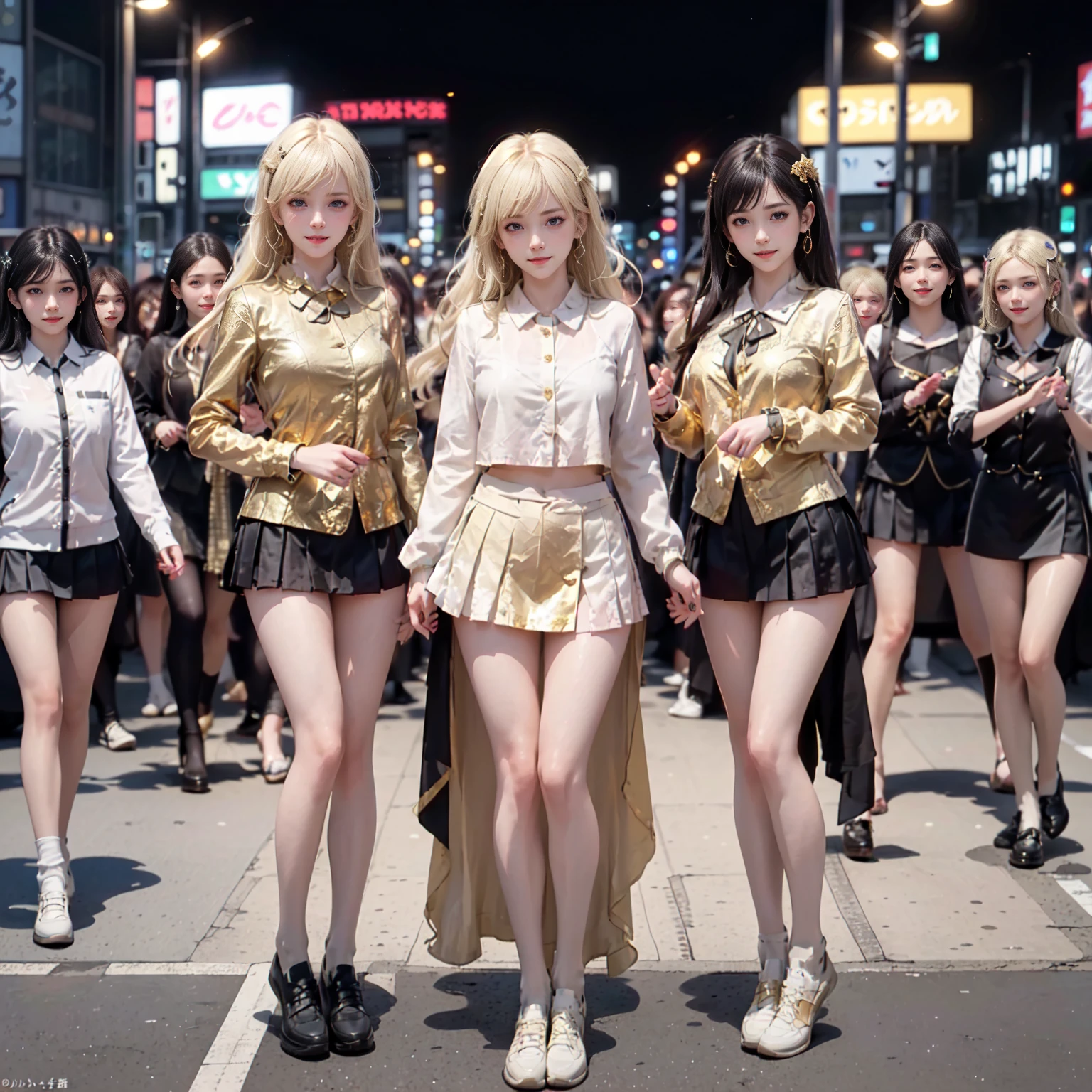 masterpiece, top-quality, top-quality, Beautifully Aesthetic:1.2, ((3 girls)),
((Middle girl is Wearing a high-quality , micro miniskirt):1.2), high detailed,
((Left girl is Wearing a high-quality , micro miniskirt):1.2), high detailed,
((Right girl is Wearing a high-quality micro miniskirt):1.2), high detailed,
(Three girls are standing side by side in a neat line:1.3), large breasts, firm breast, nicely shaped breasts, slender figure,
(((Bleached gold Hair))), wavy hair, (short hair:1.2),
((At the middle of most crowded Shibuya Scramble Crossing at late night:1.2)), ((Surrounded by many women dancing for Three girls)), (Full body shot:1.1), (Looking at viewer), women only