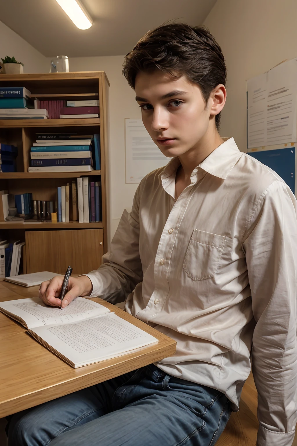 A young male twink, cute, beautiful, soft, with a beautiful face with make-up and blush, and black hair, and his eyes have dark circles under them. He is wearing a long-sleeved aquamarine shirt and white jeans. He is in the Faculty of Medicine, studying on the blackboard with brain anatomy written on it, and on his desk are scientific medical books. And manuscripts of brain anatomy