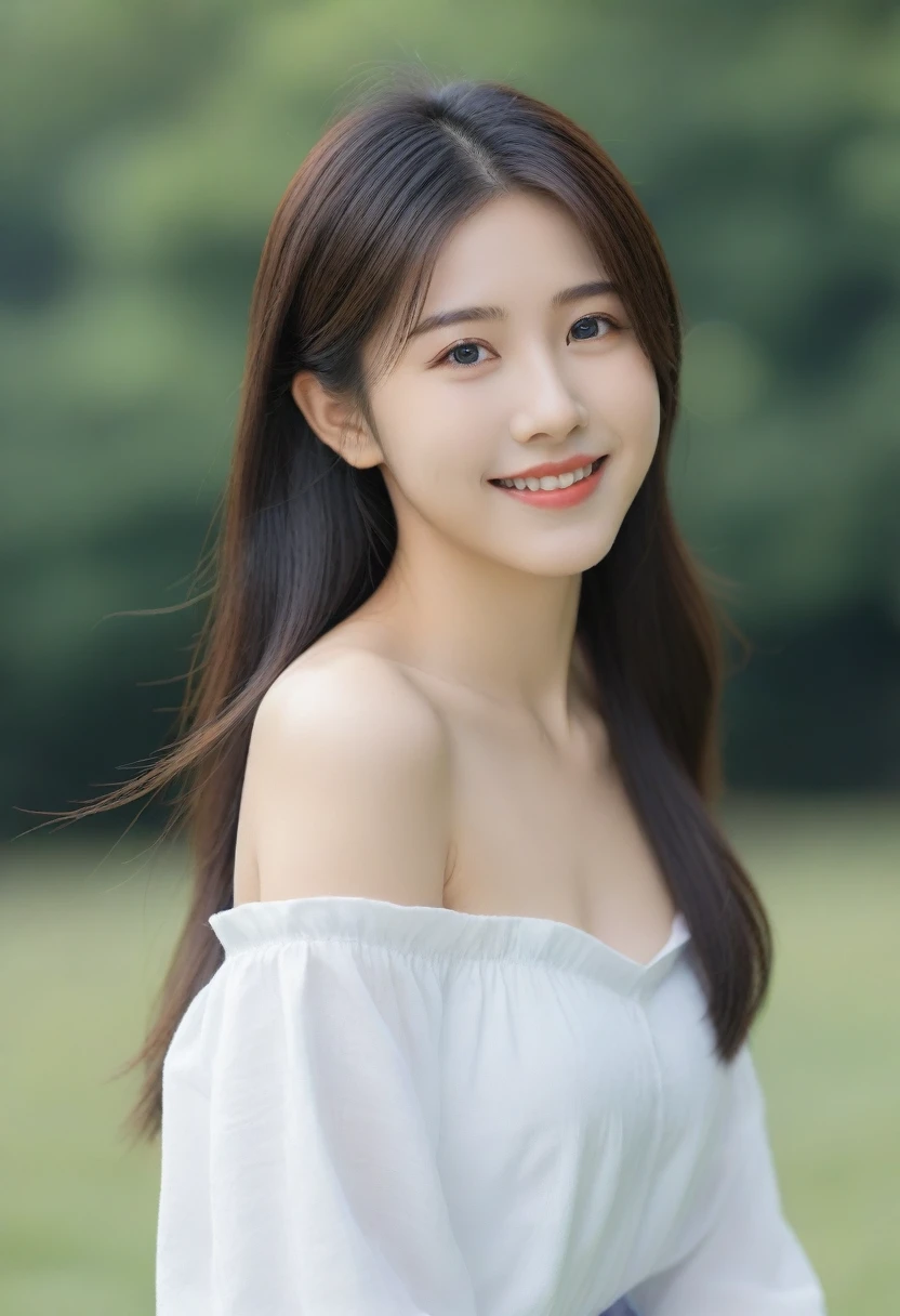 8K, Ultra-high resolution, Highest quality, masterpiece, 三分割法によるphotograph,Surreal, photograph, 1 girl, (16 years old:1.3), pretty girl, Cute face, Beautiful eyes in every detail, 細かくdetailedに,masterpiece,, One Girl:1.2, Japan Female Announcer,whole body,Young Wife,Girl with her back to the camera, Blue atmosphere dusk, Field, forest、Full of cleanliness,A carefree smile,Healing the heart,Semi-long layered hair,Looking at the audience、beauty,Long neck、Laugh a little、Please close your mouth and laugh、(((Ideal body type))),A-cup small breasts :2,、Portraiture:2、Perfect Anatomy、鮮明なdetailed、detailed、Surreal、Light and shadow,Strong light