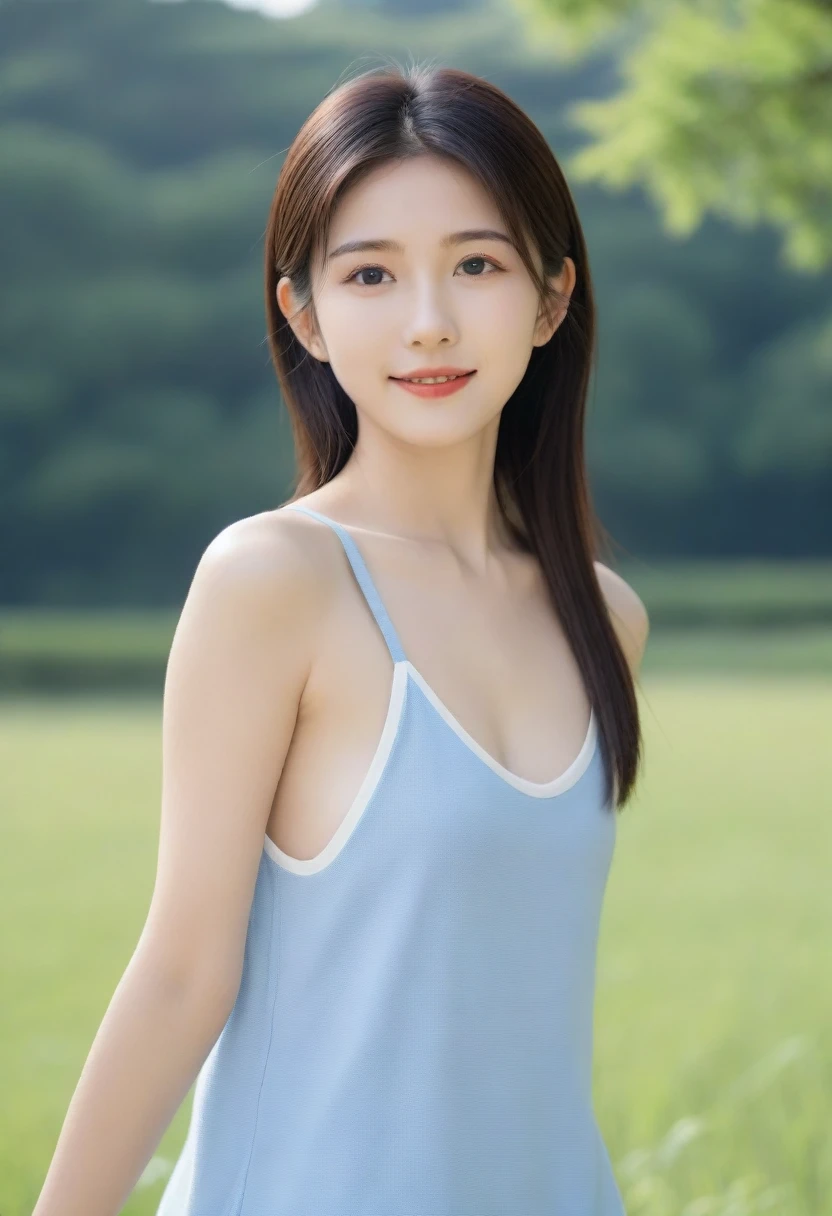 Beautiful young girl，Face lighting，最high quality， ((((Very smiling，Tank top，Beautiful feet，Sit on a bench，garden)))，非常にBeautiful detailsな顔, (Slender body:1.4), (Detailed face:1.2), Conceptual Art, high quality, Realistic, Very detailed CG 統合 8k 壁紙, Very detailed, High resolution raw color photos, Professional photography, Cinematic Light, Beautiful details, Super detailed, Advanced Details, Depth of written boundary, Super stylish lighting, (Beautiful small chest:1.2), Smooth and flawless skin, Expressive and captivating eyes, Well-defined facial features, A perfectly balanced face, Fine Details and Realistic Textures，Blurred Background、Glasses with narrow frames