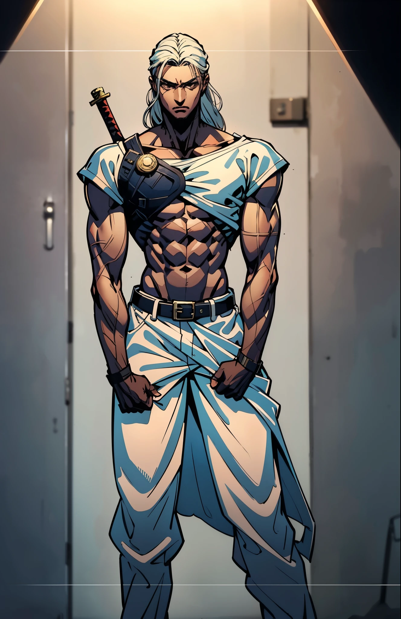 A young man with long white dreadlocks, dark skin, a melancholic expression, drooping eyelids and eyebrows, a lean face, a thin yet sturdy build, a tattered and ill-fitting light blue fantasy-style adventurer's shirt with short sleeves, revealing his abs, a silver breastplate on his left chest, a large sword is strapped to his back, a yellow belt, white coarse cloth trousers, stands nervously in a fantasy-style western town, this character embodies a finely crafted fantasy-style adventurer in anime style, exquisite and mature manga art style, dramatic, high definition, best quality, highres, ultra-detailed, ultra-fine painting, extremely delicate, professional, perfect body proportions, golden ratio, anatomically correct, symmetrical face, extremely detailed eyes and face, high quality eyes, creativity, RAW photo, UHD, 32k, Natural light, cinematic lighting, masterpiece--perfect, masterpiece:1.5