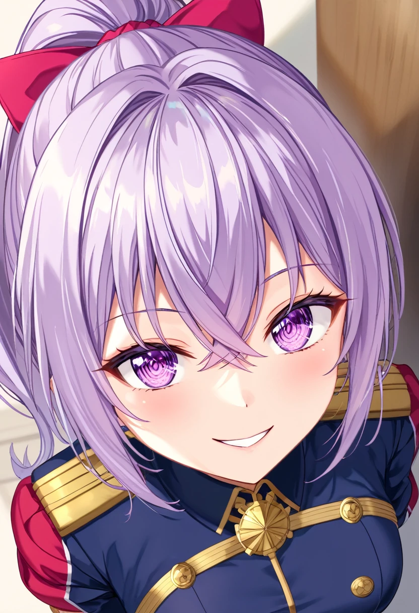(((masterpiece)))(((Highest quality)))(((8K)))(((4K)))One Little Girl、Straight Hair、Pink high ponytail、Crossed bangs、Light purple eyes、Squint your eyes、smile、JK Uniform、From above at an angle、Upper Body