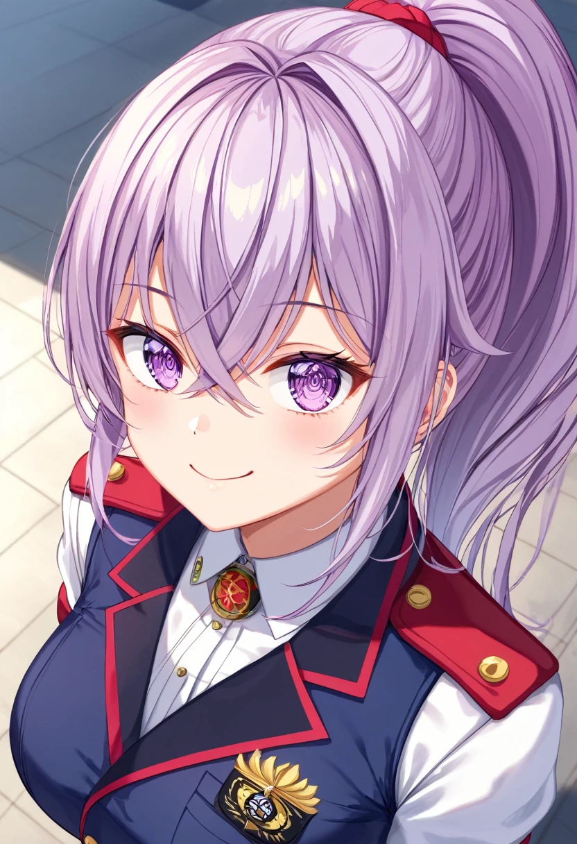 (((masterpiece)))(((Highest quality)))(((8K)))(((4K)))One Little Girl、Straight Hair、Pink high ponytail、Crossed bangs、Light purple eyes、Squint your eyes、smile、JK Uniform、From above at an angle、Upper Body