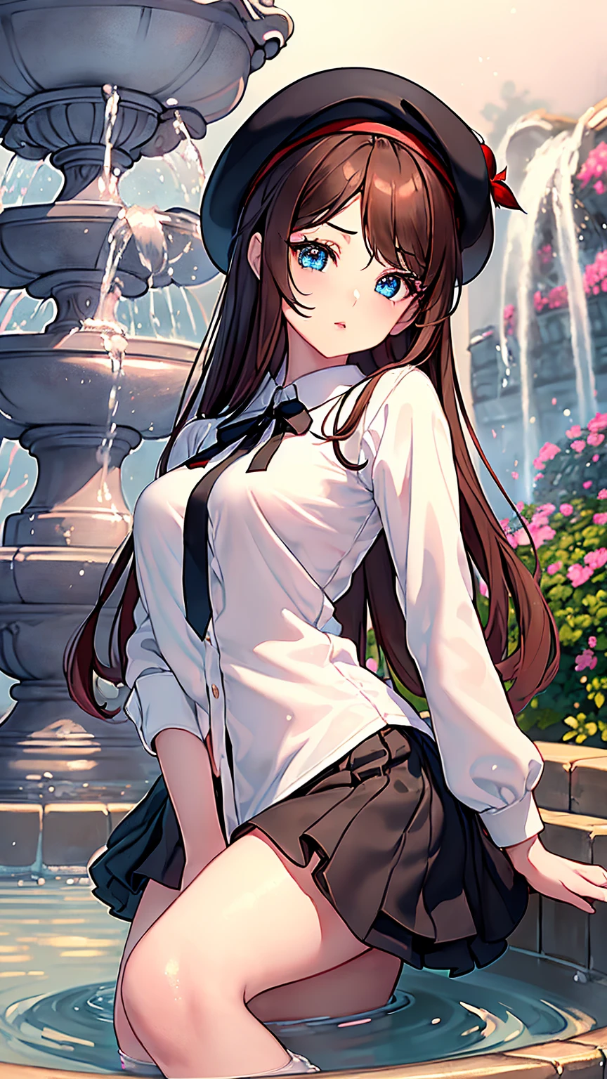 Highest quality,masterpiece,masterpiece portrait,((full body)),　Brown Hair、Blue Eyes、Pink lips、、White shirt、Black Ribbon、Sexy atmosphere、cartoonist、(((Slightly erotic)))、Wearing a red beret、((Posing with a fountain pen))、Anime Style、Beauty、Her background is monochrome black、(((Front view)))、Looking up