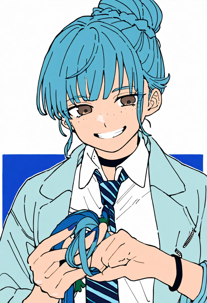 Flat Color, One girl, 一人in, tie, Double Bang, in, smile, Jacket, choker, Braiding, Hair Bun, looking at iniewer, shirt, Simple Background, Upper Body, Blue background, Manicure, Blue Claws, collared shirt, Brown eyes, bangs, blue tie, black choker, white shirt, Blue Hair, freckles, Grin, striped tie, long sleeines, open Jacket, blue Jacket, twin Braidings, Raise your hand, Flat Color