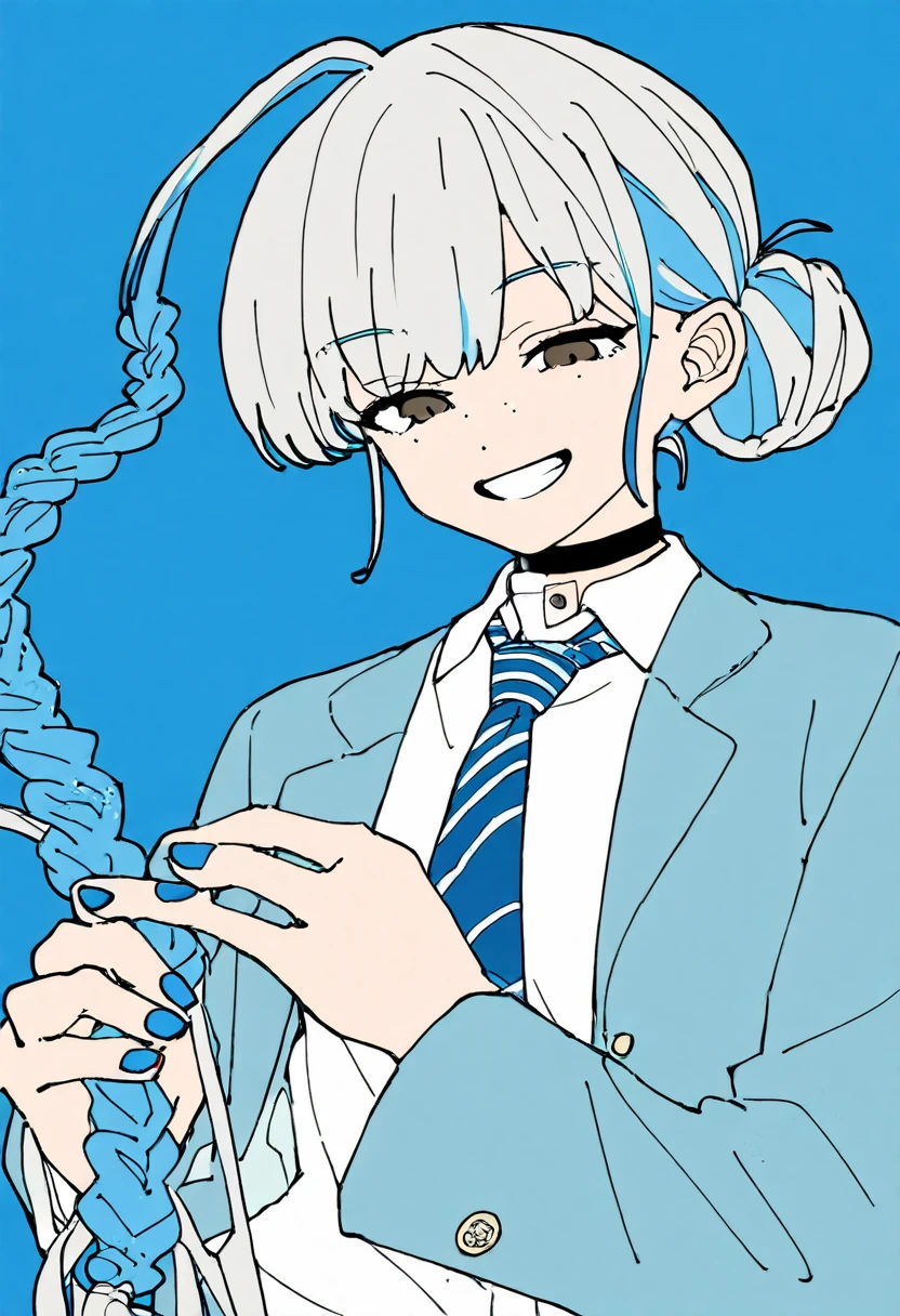 Flat Color, One girl, 一人in, tie, Double Bang, in, smile, Jacket, choker, Braiding, Hair Bun, looking at iniewer, shirt, Simple Background, Upper Body, Blue background, Manicure, Blue Claws, collared shirt, Brown eyes, bangs, blue tie, black choker, white shirt, Blue Hair, freckles, Grin, striped tie, long sleeines, open Jacket, blue Jacket, twin Braidings, Raise your hand, Flat Color
