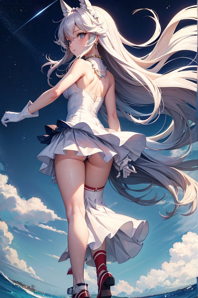((best quality)), ((masterpiece)), ((1 girl)), alone, ferry, ((long hair)), ferryBase, ((High Leg Raise)),  shoulders, ((jewelry)), ((Sleeveless)), White dress, Blue skirt, ((Gloves)), Thigh high, 
