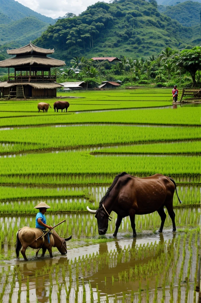 Preparing the rice fields using carabao instead of any machine 