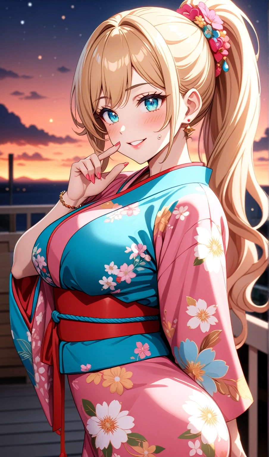 ((One personの女性)), Beautiful Face, Laughing embarrassedly,((Wink:1.9)),Laugh with your mouth wide open,((Red cheeks:1.4)),Glossy pink lips,(finger to mouth),night,rooftop,Festive decorations,You can see the ocean, firework,((Anime style background)),masterpiece, Highest quality, so beautiful, Latest, Complex details, (Pink long nails),(ring),(flower bracelet),Floral choker,AI-generated, Complex,High resolution, Highest quality, super high quality,3D Images、View your viewers、3D Images,One person,Long pink hair,High Ponytail,Turquoise Eyes,Anime woman posing for a photo, (Fine grain,Colorful eyes,Shining Eyes:1.4),(Squint your eyes:1.1),a hyperRealistic , hyperRealistic , Realistic,Blonde anime woman with long hair, Smooth anime CG art, A woman in a colorful kimono with gold embroidery, (Pink long sleeve kimono),Red floral pattern,Long flower hair ornament,Large floral earrings,(ring),(Big Breasts:1.2),Mature Body,Tall,Big Ass,Narrow waist,Abdominal muscles,(Zoom in on face:1.8),(Photographed from the front)
