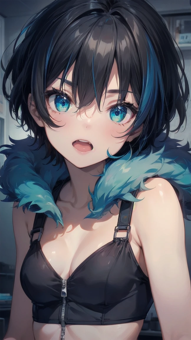 Close-up of a cartoon girl with blue hair and a yellow shirt, 2D Animation, 2D Animation style, 2D Art, 2D Art, 2D from Gorillaz, 2D from Gorillaz, 2D Gorillaz, Screaming Cerket, 2D Sprites, Jinx Face, short hair, Small , hot pants, ((Black Hair, Bright blue fur inside:1.4))