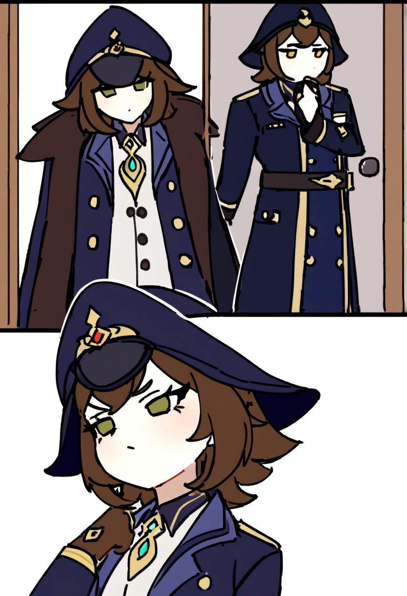 Tignari from the game Genshin impact, dressed in a doctor's coat, kisses Dilyuk from the game Genshin impact, Diluc is wearing a police chief's uniform