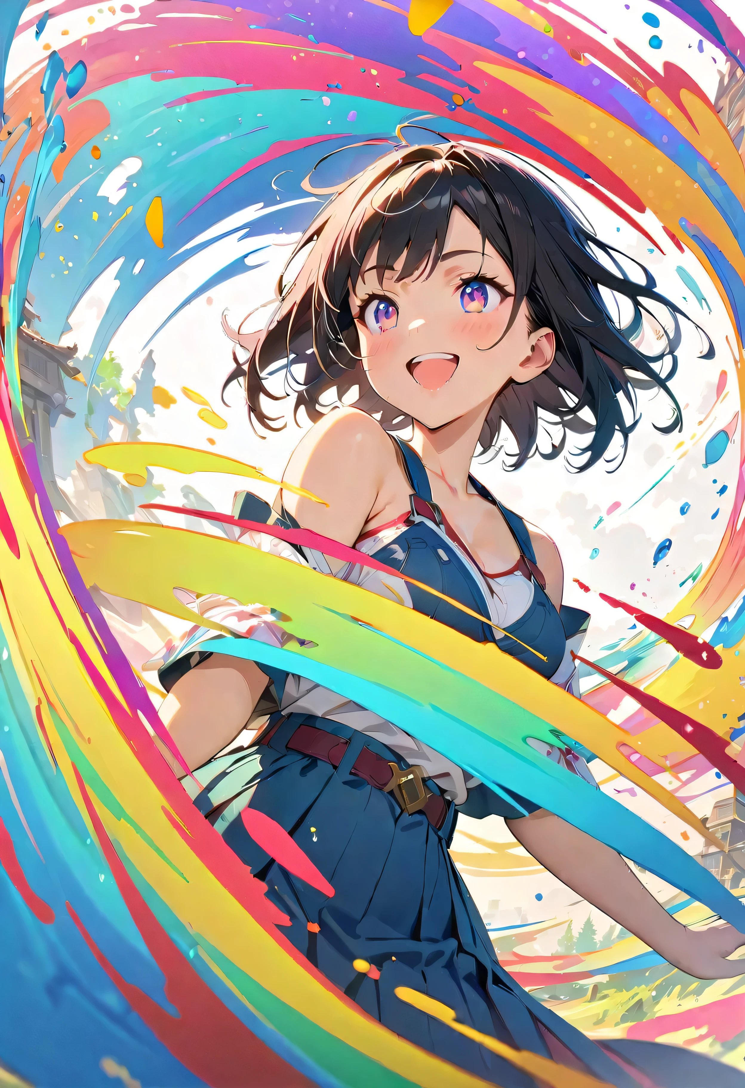 (masterpiece, Highest quality, Official Art:1.2), (colorful), Looking at the audience, One Girl, alone, White Background, floating colorful water, Ultra-fine illustrations, highly detailed, Dynamic Angle, beautiful detailed, 8K, break smiling amidst the colorful scenes, (Highest quality, masterpiece, High resolution, detailed), Anime Style, (Shining Eyes, detailed美しい顔), break,Dynamic Angle