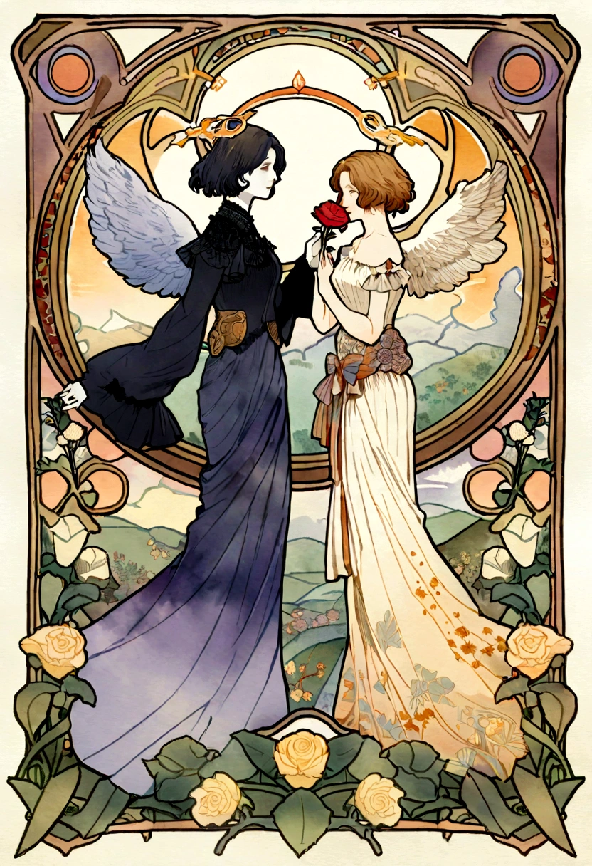 Extremely detailed and vivid watercolor paintings, Angel, Female figure, short hair, A gentle gaze, smile, flower, Detailed cover art, With wings, Holy Halo, Picking roses, The style of Alfons Maria Mucha and Gustave Kilmut, Accents Art Nouveau, Alphonse Mucha, Gustavo Klimt, Pale skin, Marble sculpture, CGSesociedade, Gothic art, Art Nouveau, Behance Contest Winner