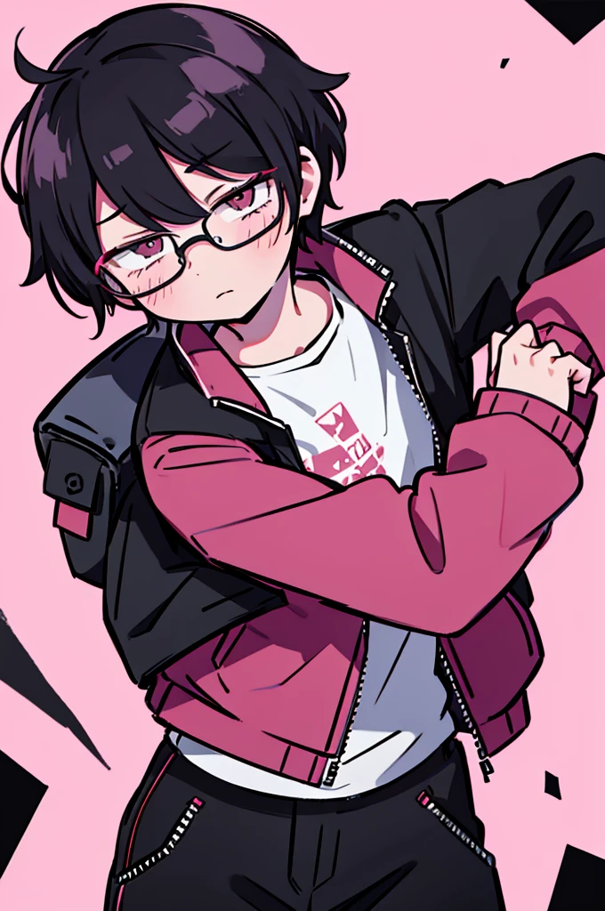 black pants, Sharp image, man, Black hair with pink ends, wearing a pink jacket. , has a dull, bored face, wears round glasses, has short, neat hair,