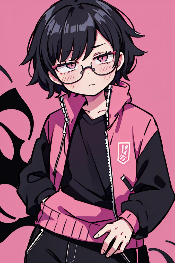 black pants, Sharp image, man, Black hair with pink ends, wearing a pink jacket. , has a dull, bored face, wears round glasses, has short, neat hair,