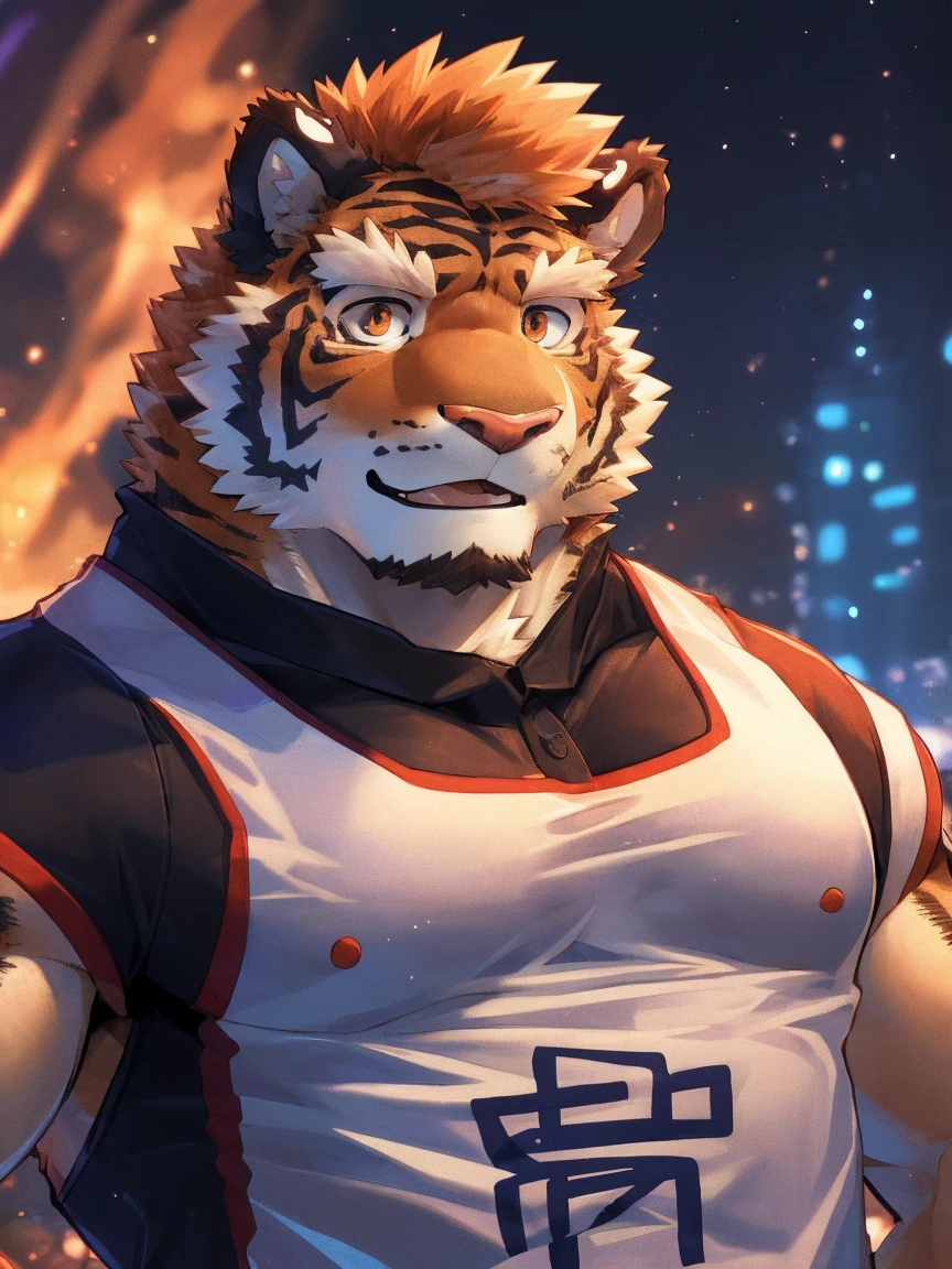 human nature, Wildlife, male,18 years old, solitary, ((Round Face, The face is plump,Orange eyes,Thick orange hair,With scars)), ((Endomorph, Handsome,Hot Blood)), (Sportswear,Clothes Damaged), ((domestic tiger, tiger,) Fluffy fur, Fluffy), Bokeh, (high quality, high resolution, masterpiece), (Dynamic Lighting, Vibrant colors), (Revitalize,Injuried,Disdain), Full body picture (close up), cartoon, author:Takemoto Arashi, From zixiong, By Chunni, author:Empty Ghost,(background:Snowy cities)