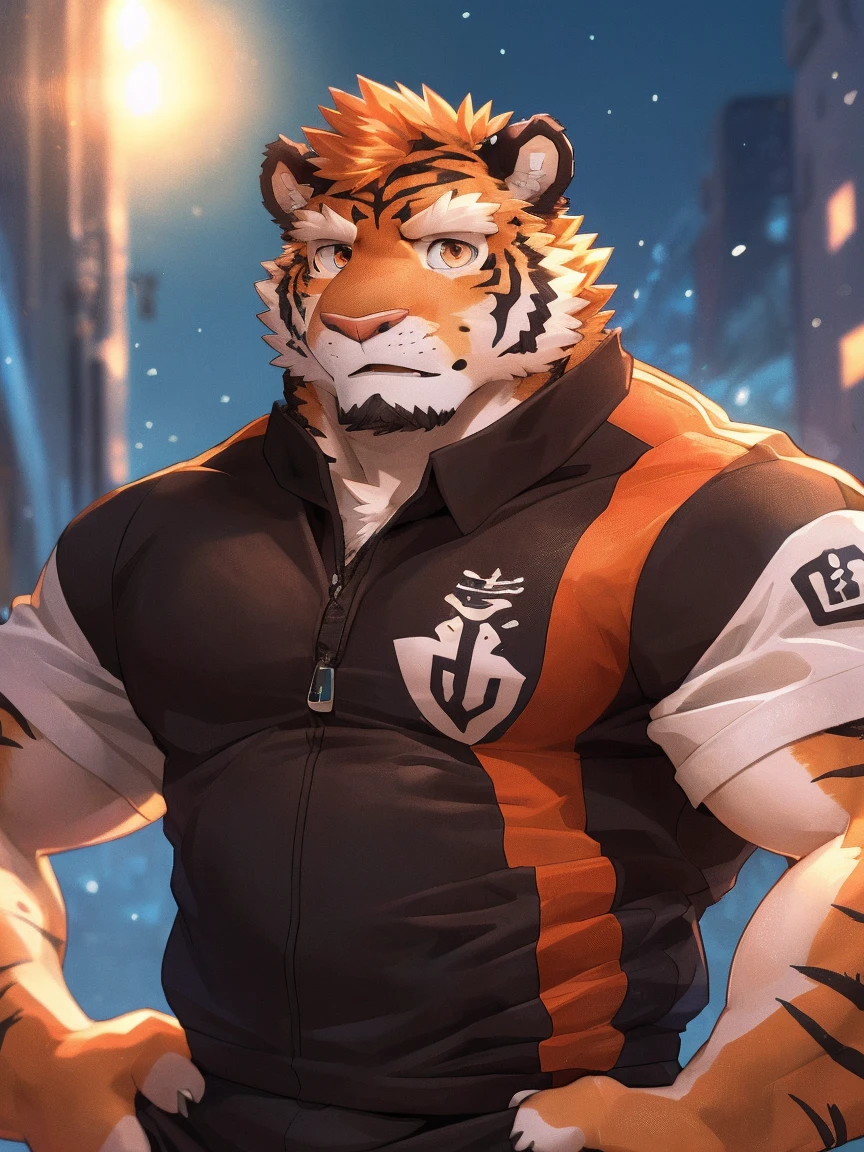 human nature, Wildlife, male,18 years old， solitary, ((Round Face, The face is plump,Orange eyes,Thick orange hair，With scars)), ((Endomorph, Handsome，Hot Blood)), (Sportswear，Clothes Damaged), ((domestic tiger, tiger，) Fluffy fur, Fluffy), Bokeh, (high quality, high resolution, masterpiece), (Dynamic Lighting, Vibrant colors), (Revitalize，Injuried，Disdain), Full body picture (close up), cartoon, author：Takemoto Arashi, From zixiong, By Chunni, author：Empty Ghost，（background：Snowy cities）