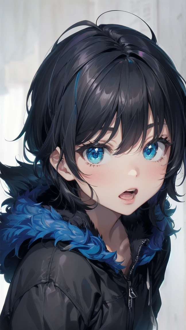 Close-up of a cartoon girl with blue hair and a yellow shirt, 2D Animation, 2D Animation style, 2D Art, 2D Art, 2D from Gorillaz, 2D from Gorillaz, 2D Gorillaz, Screaming Cerket, 2D Sprites, Jinx Face, short hair, Small breasts, hot pants, ((Black Hair, Bright blue fur inside:1.4))