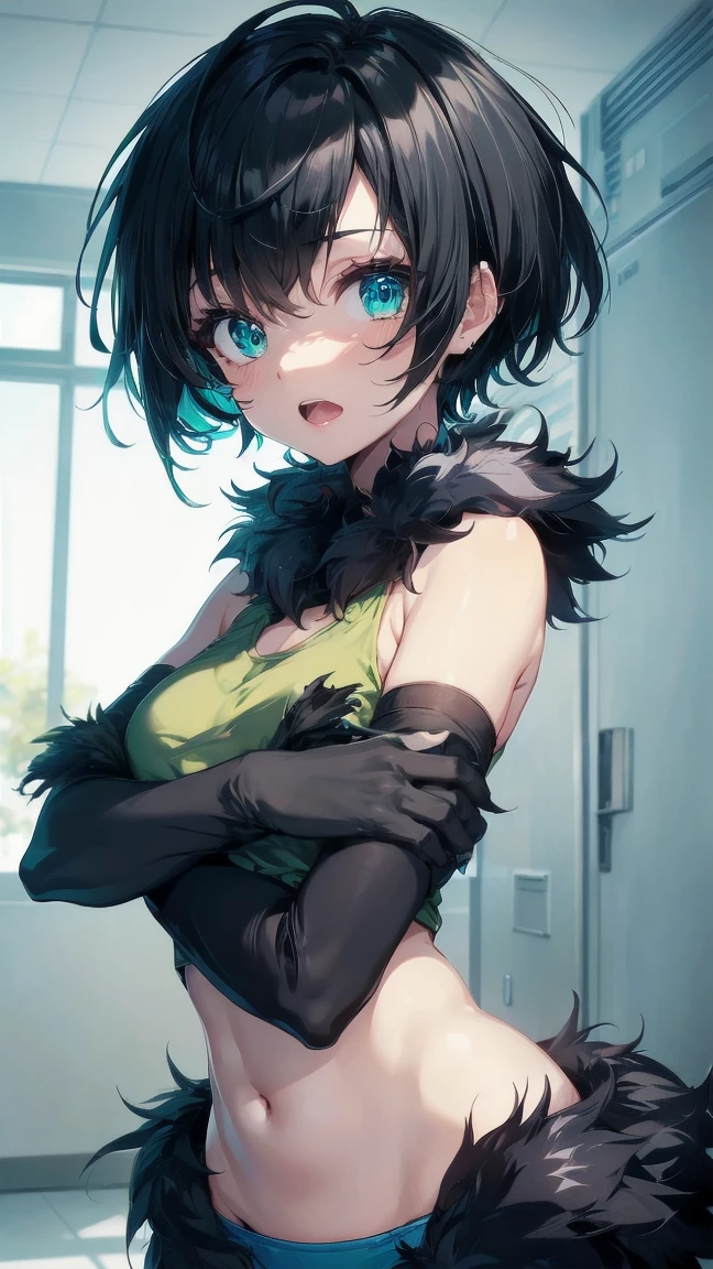 Close-up of a cartoon girl with blue hair and a yellow shirt, 2D Animation, 2D Animation style, 2D Art, 2D Art, 2D from Gorillaz, 2D from Gorillaz, 2D Gorillaz, Screaming Cerket, 2D Sprites, Jinx Face, short hair, Small breasts, hot pants, ((Black Hair, Bright blue fur inside:1.4))