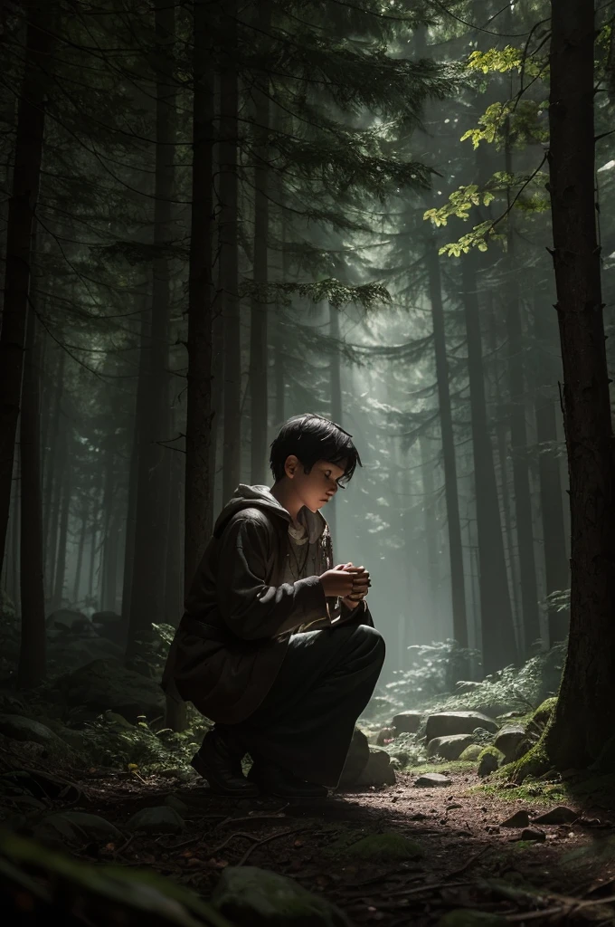 **Finding the Medallion:**
- "In the center of a dark clearing in the forest, a boy kneels next to a stone, discovering an ancient medallion that glows dimly. The soft light of the medallion contrasts with the surrounding darkness, creating a focal point of interest in the image."