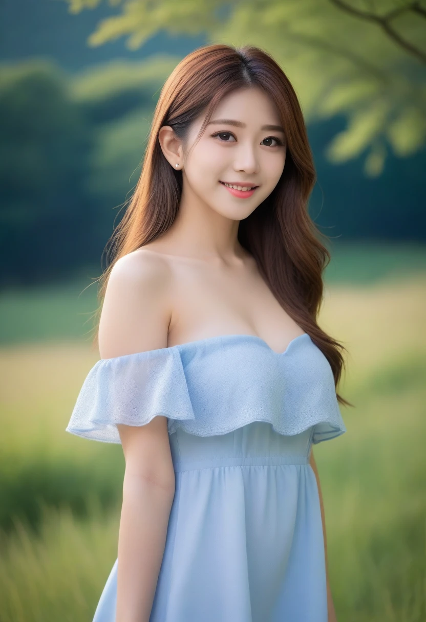 8K, Ultra-high resolution, Highest quality, masterpiece, 三分割法によるphotograph,Surreal, photograph, 1 girl, (:1.3), pretty girl, Cute face, Beautiful eyes in every detail, 細かくdetailedに,masterpiece,, One Girl:1.2, Japan Female Announcer,whole body,Young Wife,Girl with her back to the camera, Blue atmosphere dusk, Field, forest、Full of cleanliness,A carefree smile,Healing the heart,Semi-long layered hair,Looking at the audience、beauty,Long neck、Laugh a little、Please close your mouth and laugh、(((Ideal body type))),A-cup small breasts :2,、Portraiture:2、Perfect Anatomy、鮮明なdetailed、detailed、Surreal、Light and shadow,Strong light
