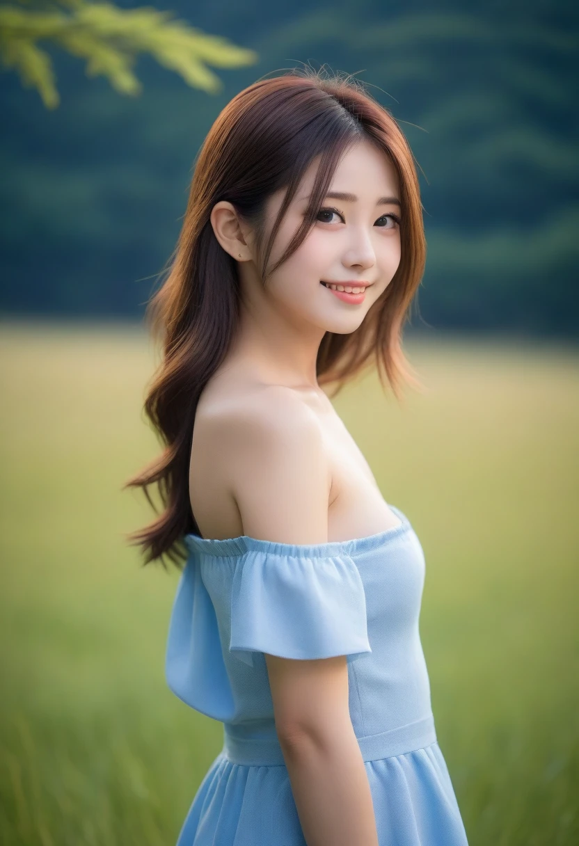 8K, Ultra-high resolution, Highest quality, masterpiece, 三分割法によるphotograph,Surreal, photograph, 1 girl, (16 years old:1.3), pretty girl, Cute face, Beautiful eyes in every detail, 細かくdetailedに,masterpiece,, One Girl:1.2, Japan Female Announcer,whole body,Young Wife,Girl with her back to the camera, Blue atmosphere dusk, Field, forest、Full of cleanliness,A carefree smile,Healing the heart,Semi-long layered hair,Looking at the audience、beauty,Long neck、Laugh a little、Please close your mouth and laugh、(((Ideal body type))),A-cup small breasts :2,、Portraiture:2、Perfect Anatomy、鮮明なdetailed、detailed、Surreal、Light and shadow,Strong light