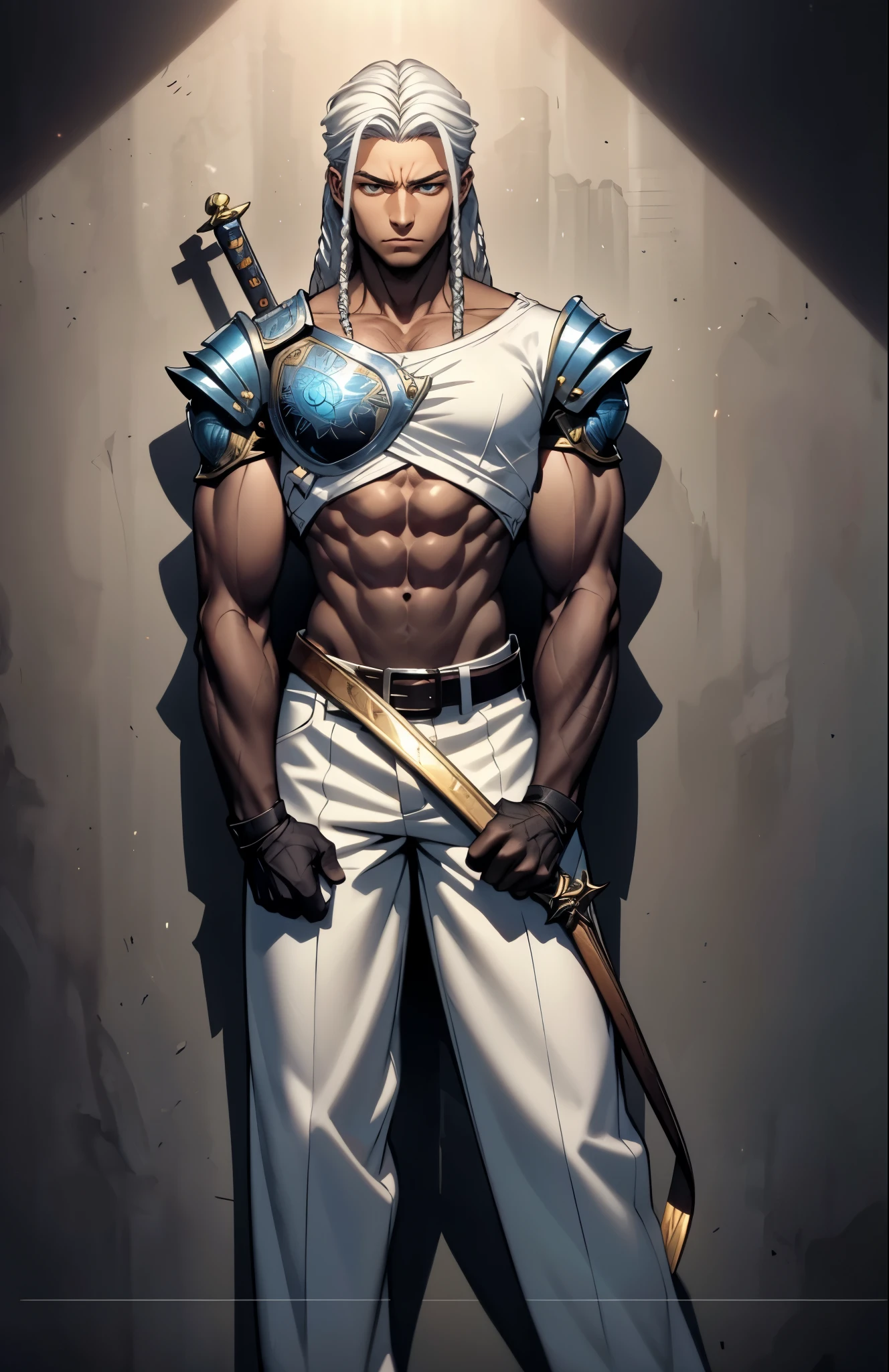 A young man with long white dreadlocks, dark skin, a melancholic expression, drooping eyelids and eyebrows, a lean face, a thin yet sturdy build, a tattered and ill-fitting light blue fantasy-style adventurer's shirt with short sleeves, revealing his abs, a silver breastplate on his left chest, a large sword is strapped to his back, a yellow belt, white coarse cloth trousers, stands nervously in a fantasy-style western town, this character embodies a finely crafted fantasy-style adventurer in anime style, exquisite and mature manga art style, dramatic, high definition, best quality, highres, ultra-detailed, ultra-fine painting, extremely delicate, professional, perfect body proportions, golden ratio, anatomically correct, symmetrical face, extremely detailed eyes and face, high quality eyes, creativity, RAW photo, UHD, 32k, Natural light, cinematic lighting, masterpiece-anatomy-perfect, masterpiece:1.5