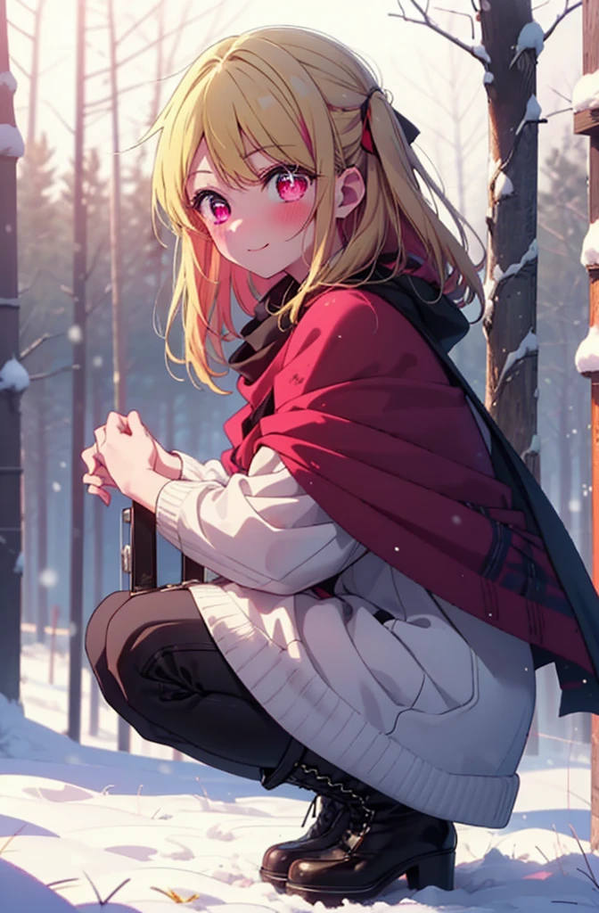rubyhoshino, Hoshino Ruby, Long Hair, bangs, Blonde, (Pink Eyes:1.3), Side Lock, (Symbol-shaped pupil:1.5), Multicolored Hair, Two-tone hair, smile,,smile,blush,White Breath,
Open your mouth,snow,Ground bonfire, Outdoor, boots, snowing, From the side, wood, suitcase, Cape, Blurred, , forest, White handbag, nature, Squat, Mouth closed, Cape, winter, Written boundary depth, Black shoes, red Cape break looking at viewer, Upper Body, whole body, break Outdoor, forest, nature, break (masterpiece:1.2), Highest quality, High resolution, unity 8k wallpaper, (shape:0.8), (Beautiful and beautiful eyes:1.6), Highly detailed face, Perfect lighting, Highly detailed CG, (Perfect hands, Perfect Anatomy),