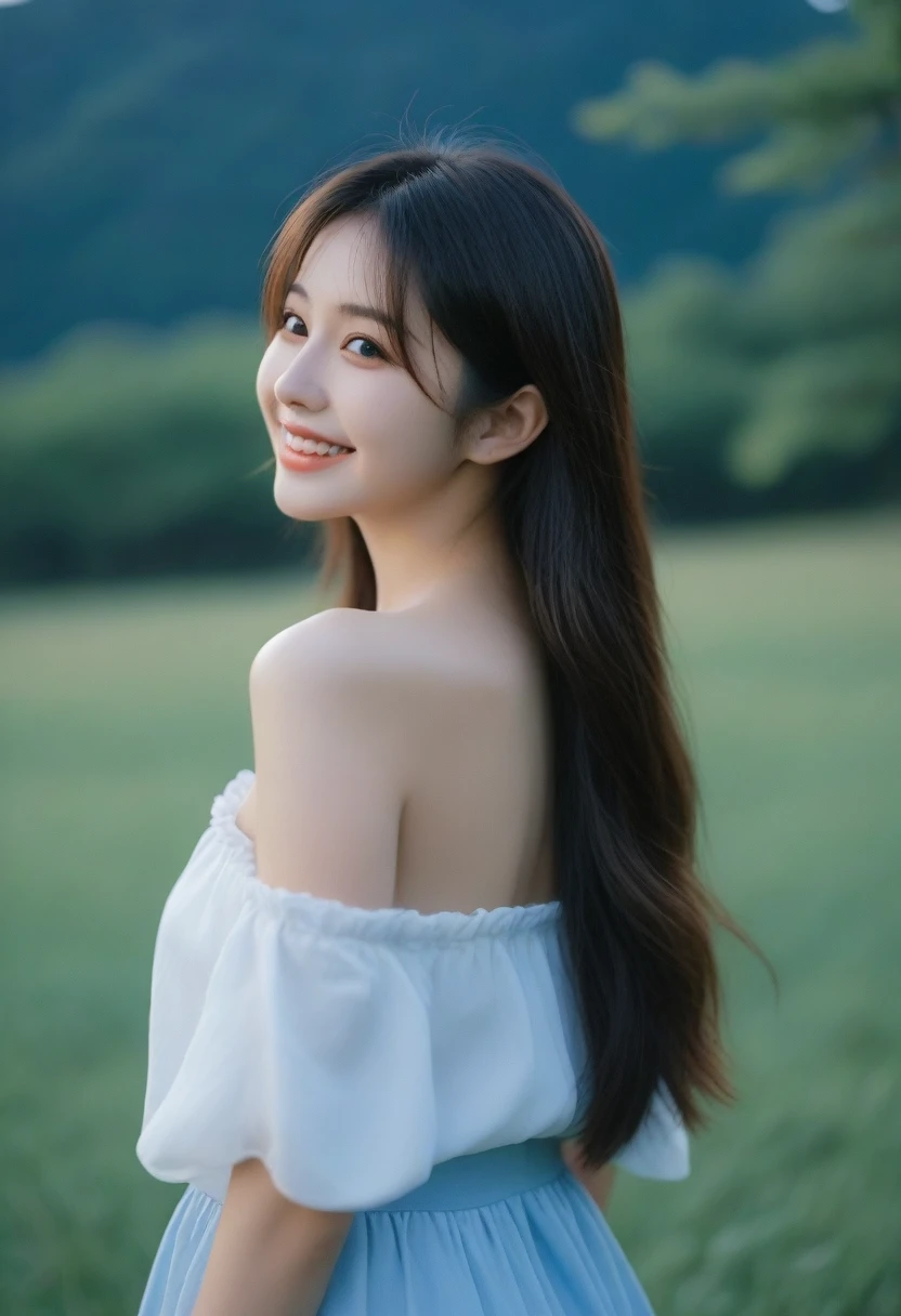8K, Ultra-high resolution, Highest quality, masterpiece, 三分割法によるphotograph,Surreal, photograph, 1 girl, (16 years old:1.3), pretty girl, Cute face, Beautiful eyes in every detail, 細かくdetailedに,masterpiece,, One Girl:1.2, Japan Female Announcer,whole body,Young Wife,Girl with her back to the camera, Blue atmosphere dusk, Field, forest、Full of cleanliness,A carefree smile,Healing the heart,Semi-long layered hair,Looking at the audience、beauty,Long neck、Laugh a little、Please close your mouth and laugh、(((Ideal body type))),A-cup small breasts :2,、Portraiture:2、Perfect Anatomy、鮮明なdetailed、detailed、Surreal、Light and shadow,Strong light
