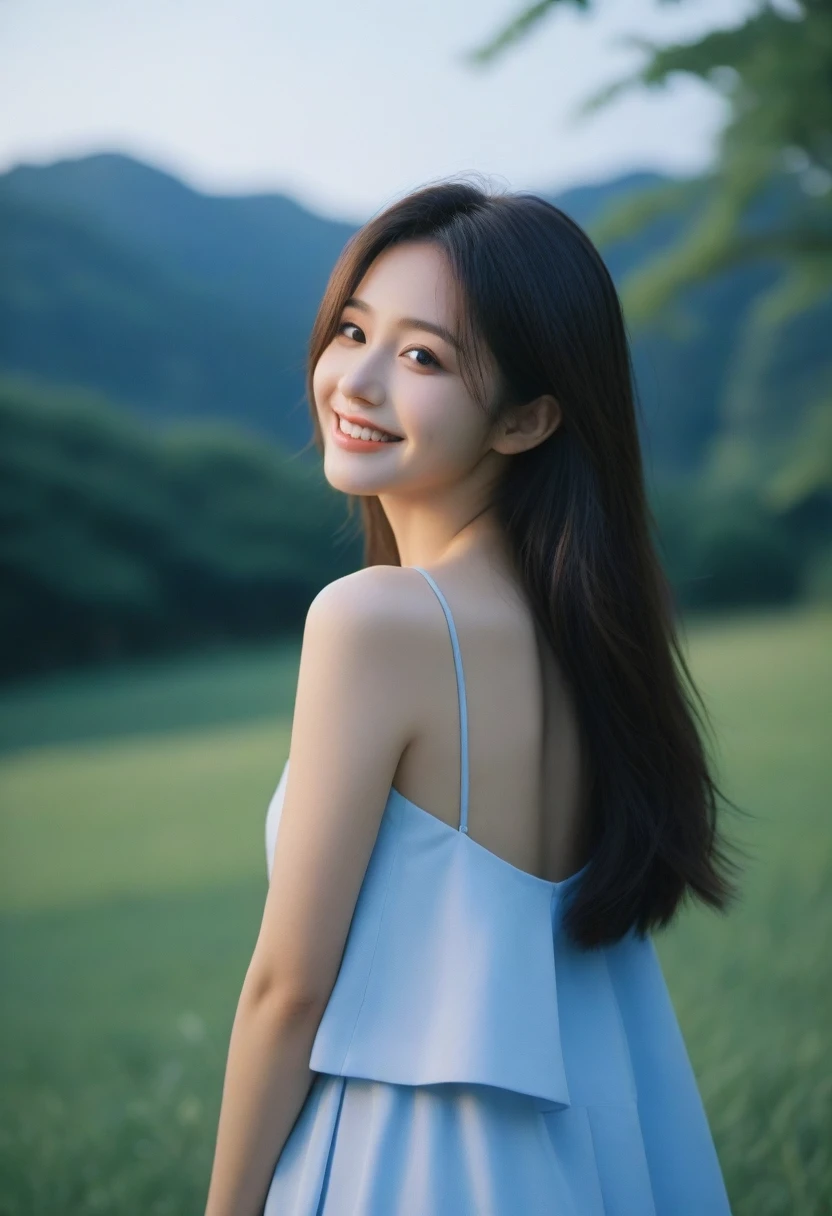 8K, Ultra-high resolution, Highest quality, masterpiece, 三分割法によるphotograph,Surreal, photograph, 1 girl, (16 years old:1.3), pretty girl, Cute face, Beautiful eyes in every detail, 細かくdetailedに,masterpiece,, One Girl:1.2, Japan Female Announcer,whole body,Young Wife,Girl with her back to the camera, Blue atmosphere dusk, Field, forest、Full of cleanliness,A carefree smile,Healing the heart,Semi-long layered hair,Looking at the audience、beauty,Long neck、Laugh a little、Please close your mouth and laugh、(((Ideal body type))),A-cup small breasts :2,、Portraiture:2、Perfect 、鮮明なdetailed、detailed、Surreal、Light and shadow,Strong light