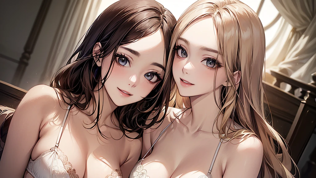 ((Biologically correct limb count))、((whole body including face))、4K、Masterpiece、((Focus on the face))、((Symmetrical, well-proportioned facial features))、Eyes with delicate depictions、Two beautiful women、Outstanding style、Slender Body、((Lingerie))、(smile)、High angle、Photo with white border、looking at the camera、Seductive pose、Blonde and brunette