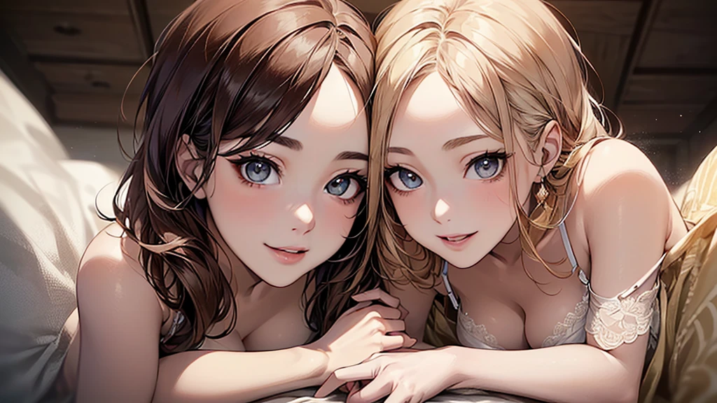 ((Biologically correct limb count))、((whole body including face))、4K、Masterpiece、((Focus on the face))、((Symmetrical, well-proportioned  features))、Eyes with delicate depictions、Two beautiful women、Outstanding style、Slender Body、(())、(smile）、High angle、Photo with white border、looking at the camera、 pose、Blonde and brunette